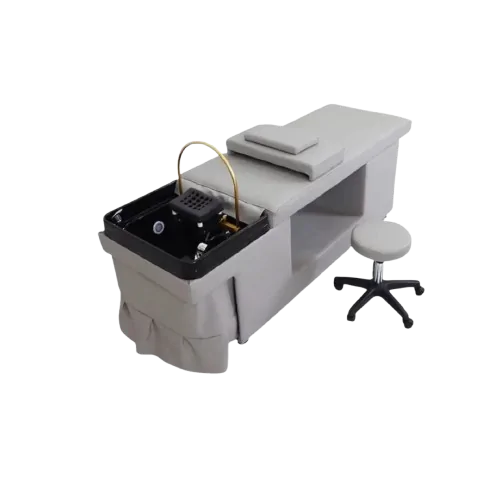 Umira Wellness Japanese Head Spa – Plumbed – Grey with Black Basin Umira Head Spa with grey treatment table and black plumbed basin