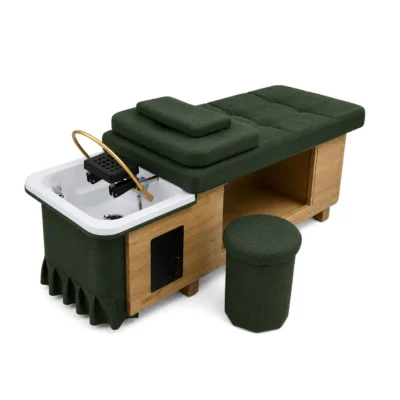 Verde Wood Head Spa with green treatment bed and plumbed basin