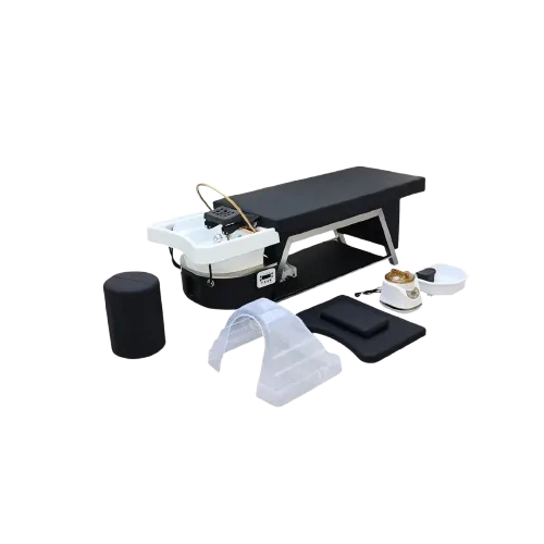 Ocean Xanadu Head Spa with 80 cm wide black treatment bed and plumbed basin