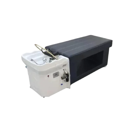 Fleur Deluxe Head Spa with black treatment bed and white no-plumbing basin