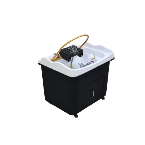 Sakura-Plumbed-Head-Spa Abelia Head Spa with black mobile cabinet and clear treatment dome