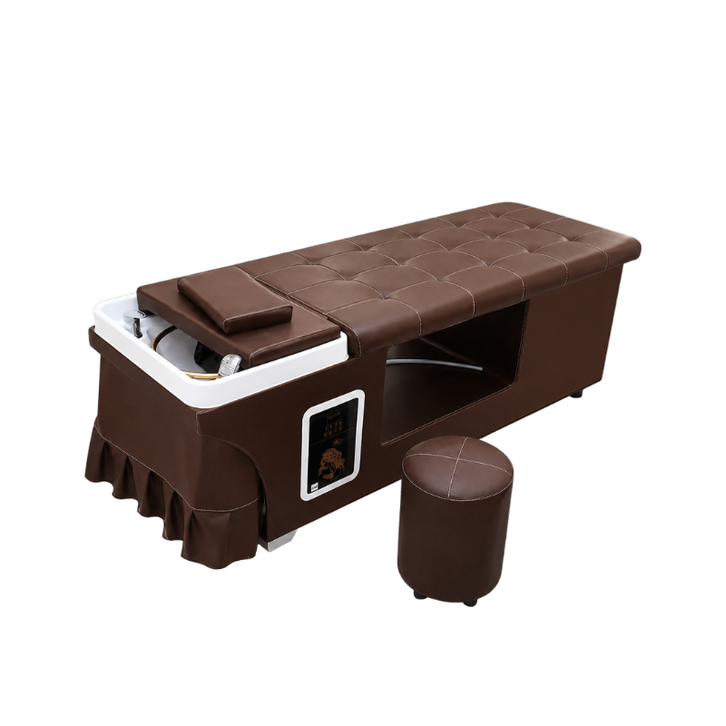 webpress size Hiro Head Spa with brown plumbed treatment bed and matching stool