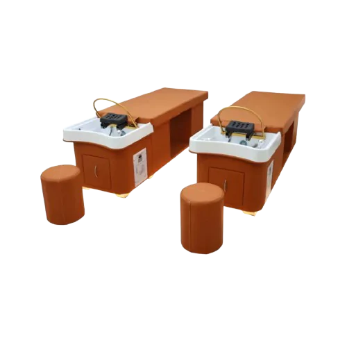 Wooden-Bliss Lumi Meadow Head Spa with orange treatment bed and plumbed basin